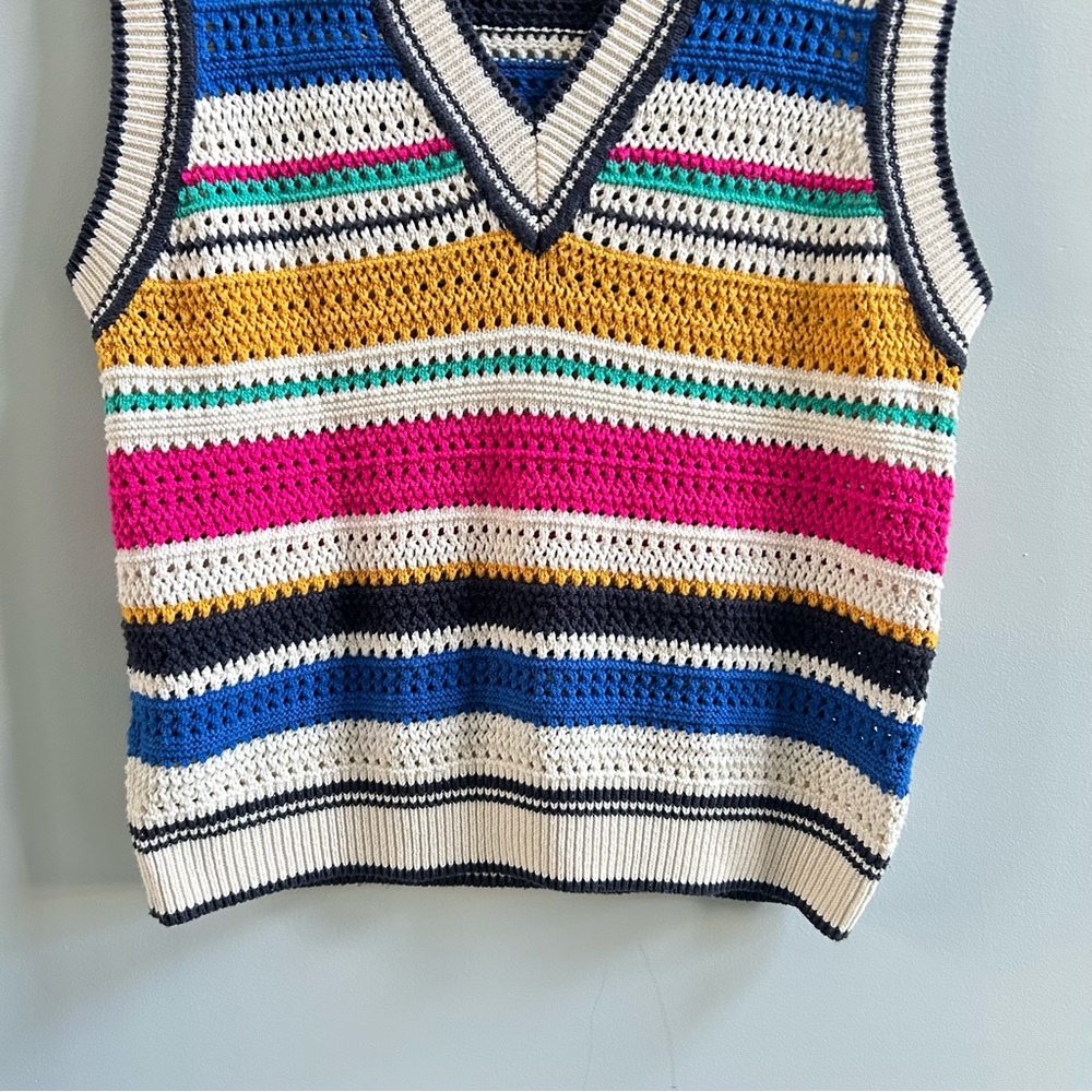 Zara Multicolored Striped V-Neck Oversized Sleeveless Knit Vest, Size Large - Picture 6 of 10